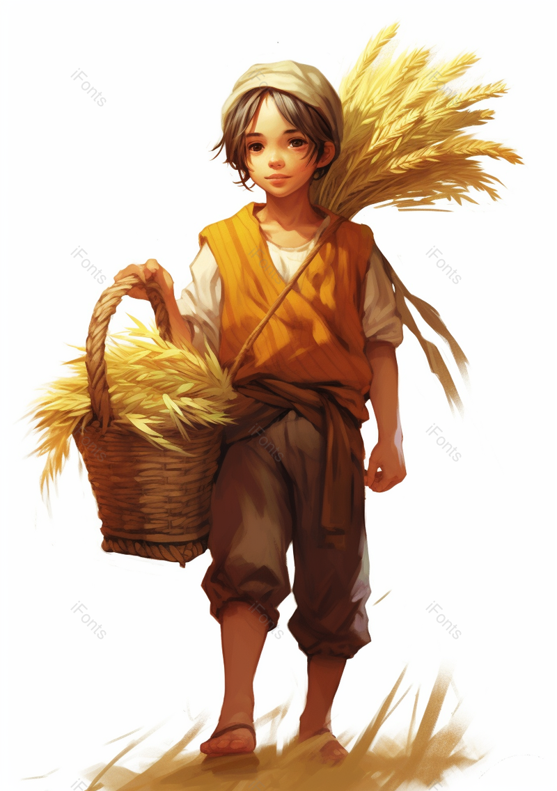 小孩一提着一筐麦穗白色背景个人收割收获麦子麦穗秋季丰收金色插画,插画/手绘图,插画/手绘图库,插画/手绘图下载,插画/手绘